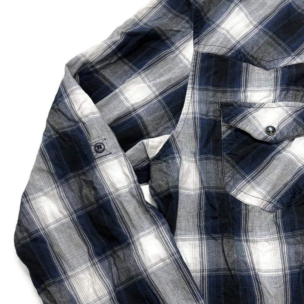 Chalc Western Button Up Shirt Mens XL Blue‎ Plaid Long Sleeve Cotton